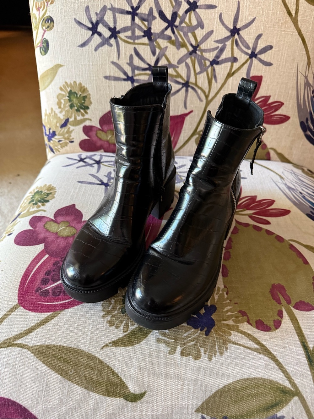 Steve Madden Black Croc-Embossed Platform Ankle Booties